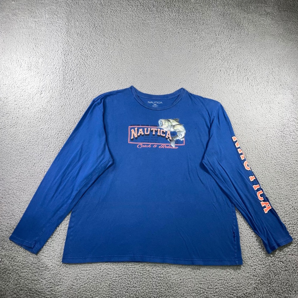 Nautica L/S T Shirt 3XL Blue y2k Distressed Gorpcore Bass Fishing Graphic Tee